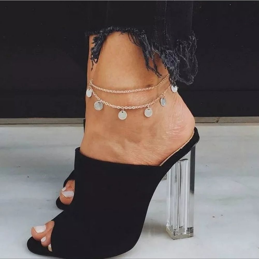 Golden Chain Anklet with Silver Colored Disc Coin Pendants